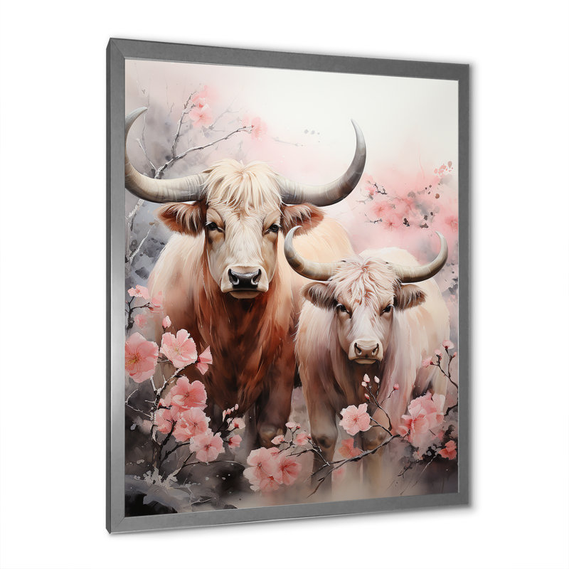 «Romanticism Yaks Couple Harmony I», reproduction sur toile, Cadre simple argenté, H 44 po x l 34 po x P 1,5 po