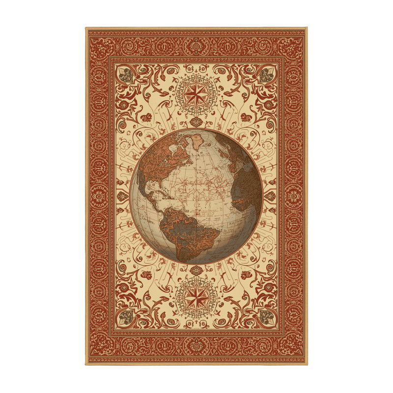 Tapis oriental brun lavable à la machine Pavni World Globe Classic - reliure brun clair, 8 x 10
