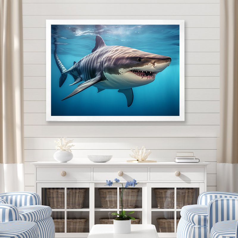 Tiger Shark Territory III - Shark Framed Wall Art, 30" H x 40" W x 1.5" D, White Single Picture Framed