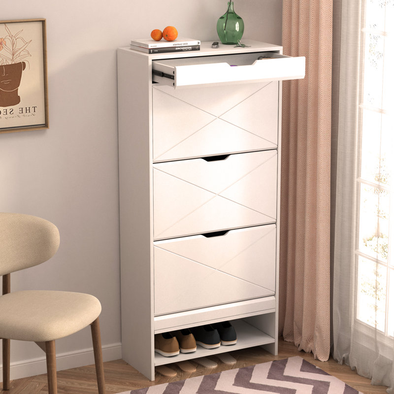 3 Tier Shoe Storage Cabinet with Drawers for Entryways,Bedroom,Flip Door Design Shoe Cabinet.Wood coloured Finish, White