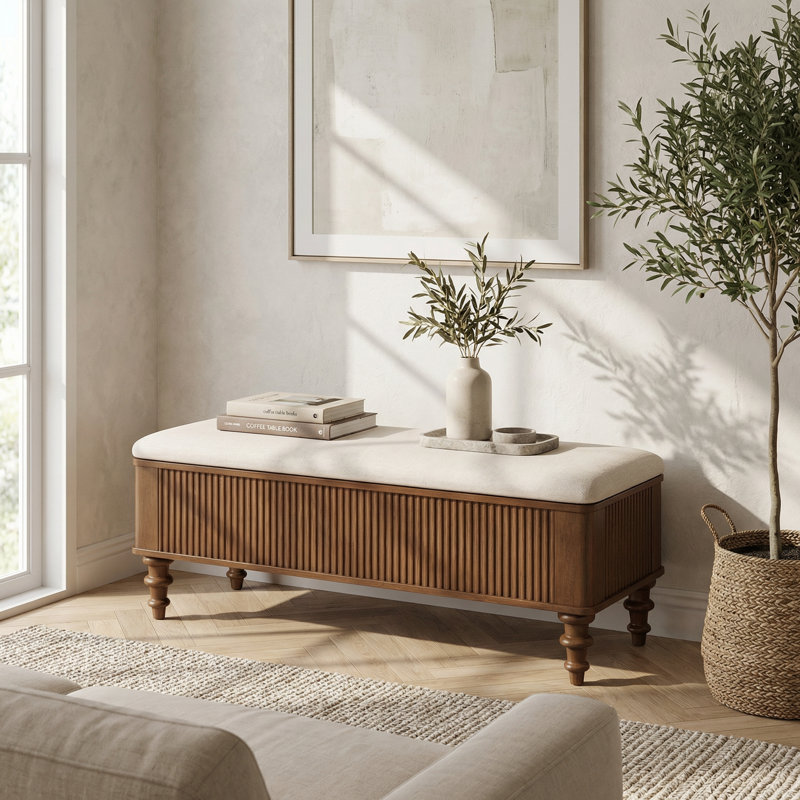 Banc de rangement multi-fonctionnel avec revêtement en lin et structure en bois massif pour l'organisation de la chambre à coucher, du salon et du vestibule