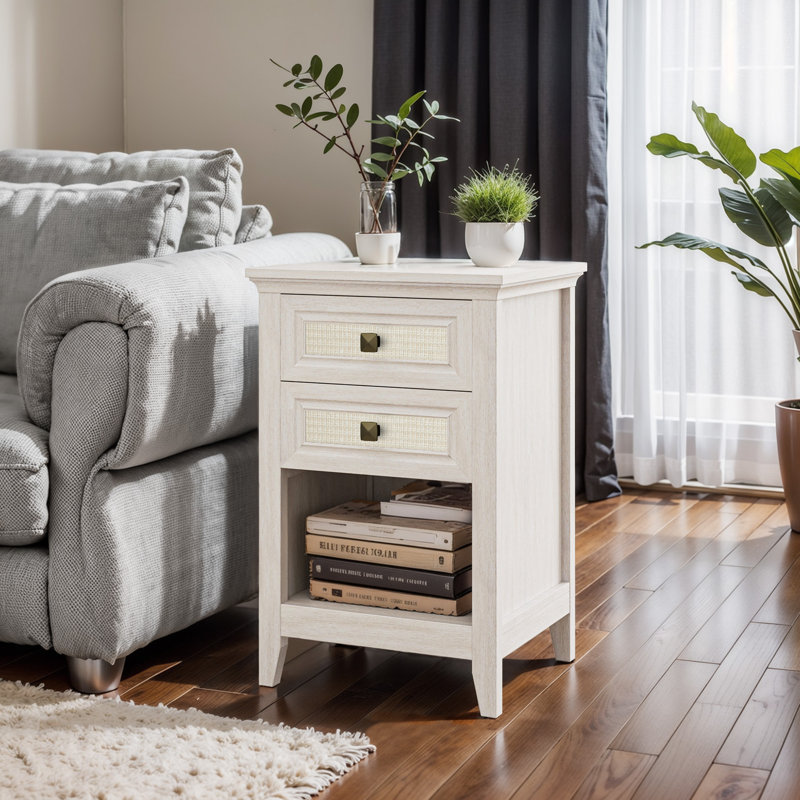 Azarius 27'' Rattan Nightstand With 2 Drawers, White, Individual