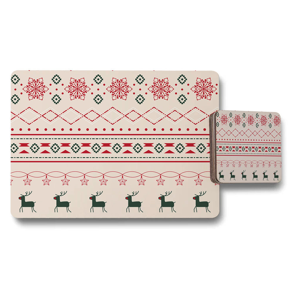 Christmas Placemats And Coaster Set With Reindeer Pattern