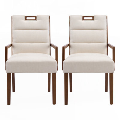 Chaise de salle à manger rembourrée avec accoudoirs, tissu beige et structure en bois d'hévéa noyer, ensemble de 2
