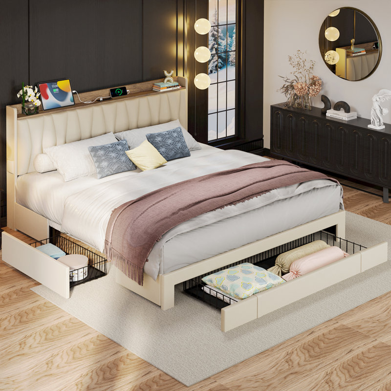 Upholstered Bed Frame with 3 Drawers, Bed with Storage Headboard and Charging Station, Beige, King