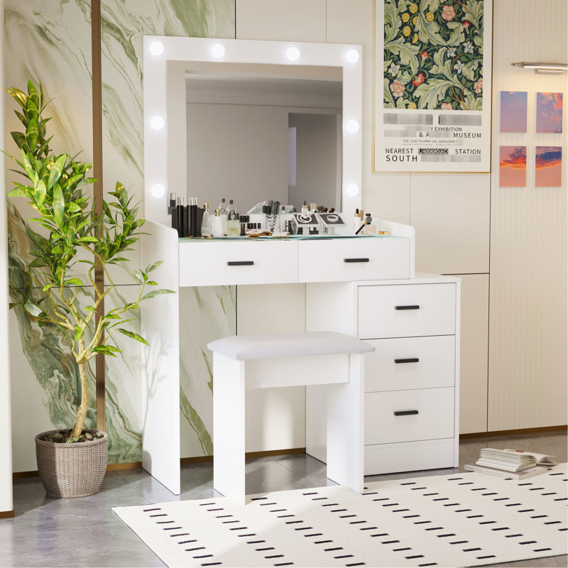 Bedroom Dressing Table With 5 Deep Drawers And Led Mirror Feature White Vanity Lights Extra Drawer Space