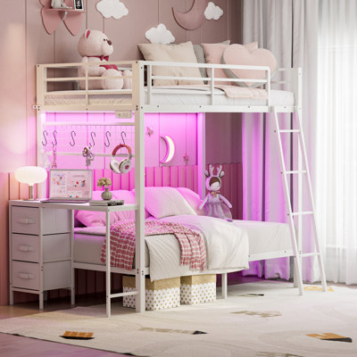  Lit superposé avec bureau et échelle amovibles, lits simples superposés en métal avec station de charge et lumières à DEL, 3 tiroirs de rangement, barrière de sécurité de 13,4 po, aucun sommier nécessaire, blanc
