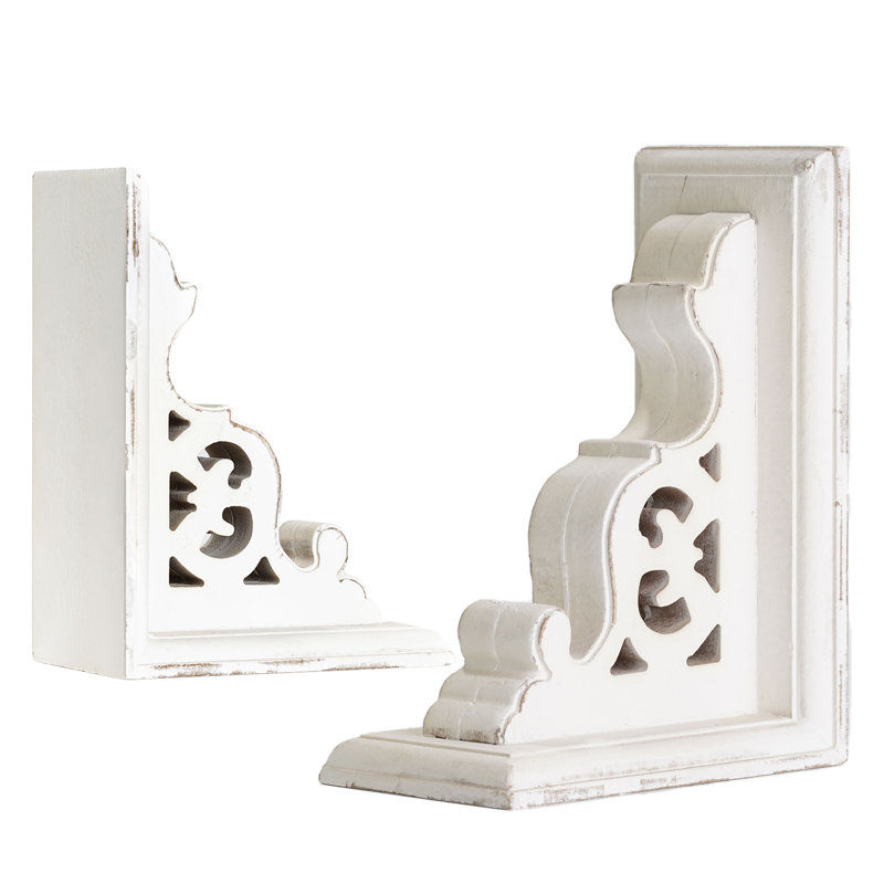 Distressed White Carved Wood Renaissance Bookends Set