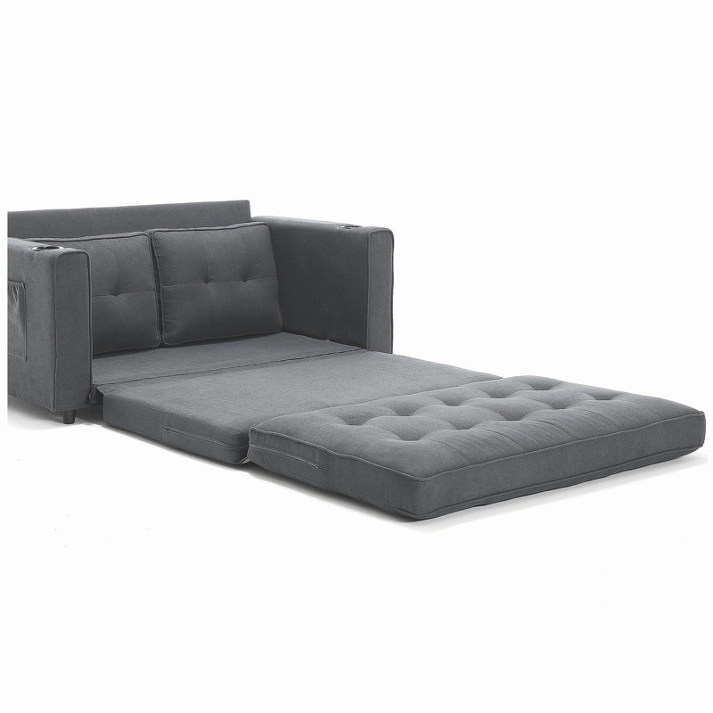 Canapé-lit futon convertible 3-en-1, causeuse capitonnée gris foncé avec canapé-lit escamotable, canapé-lit pliable avec poches latérales et porte-gobelet pour petits espaces