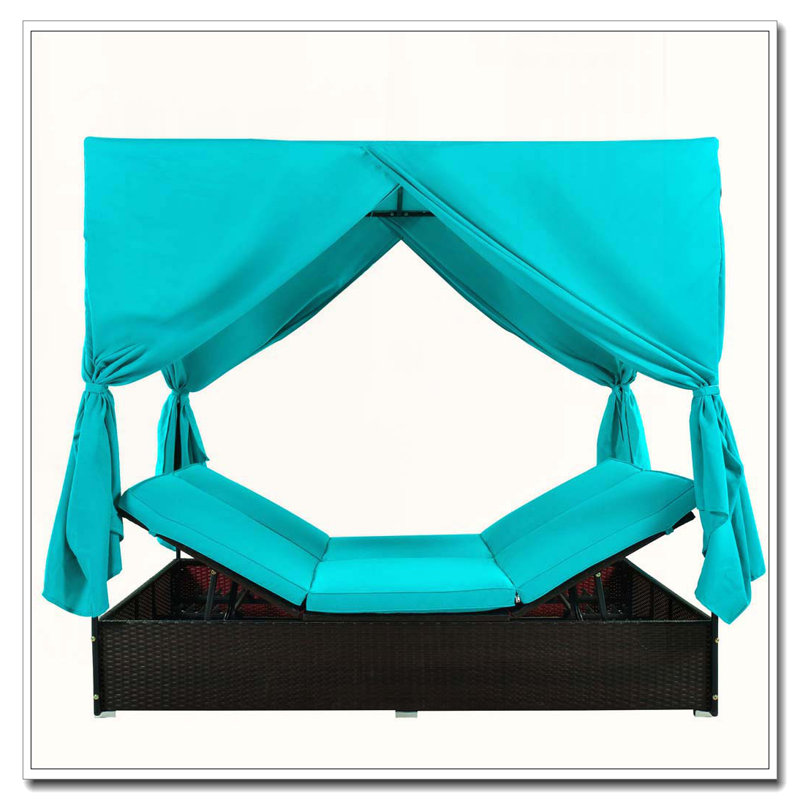 Outdoor Double Chaise Lounge Daybed with Curtains and 6-Position Adjustable Head/Foot Sections