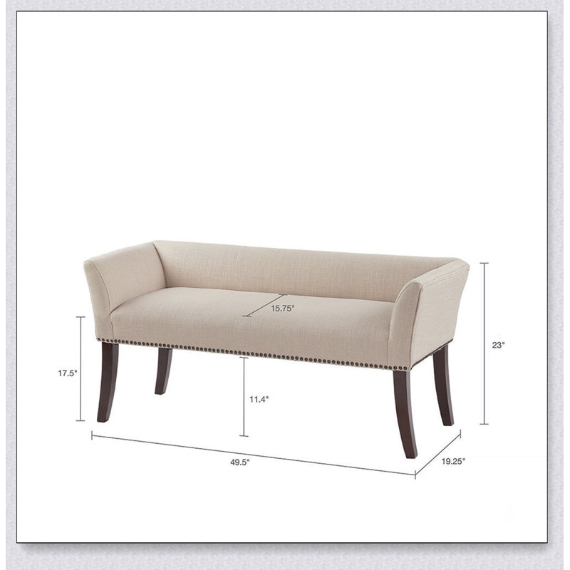 Low Back Accent Bench with Flared Arms & Nailhead Trim – Solid Wood Frame, Bronze Details