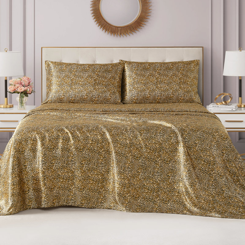 Juicy Couture Premium Silky Satin Sheet Sets, Monica Leopard, King Sheet Set with 2 Pillowcases