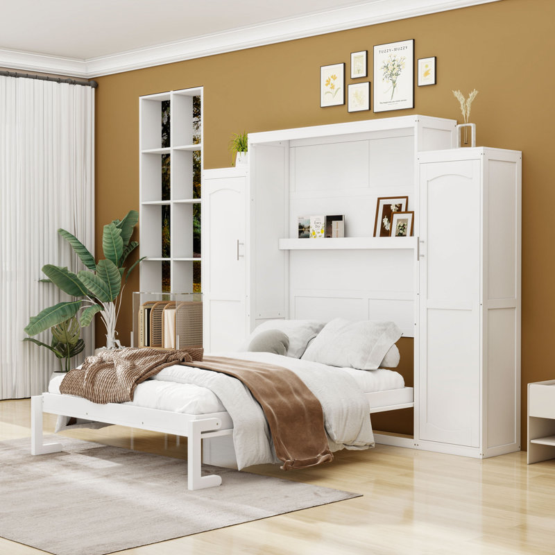 Lit plateforme en bois avec deux armoires Murphy, Grand