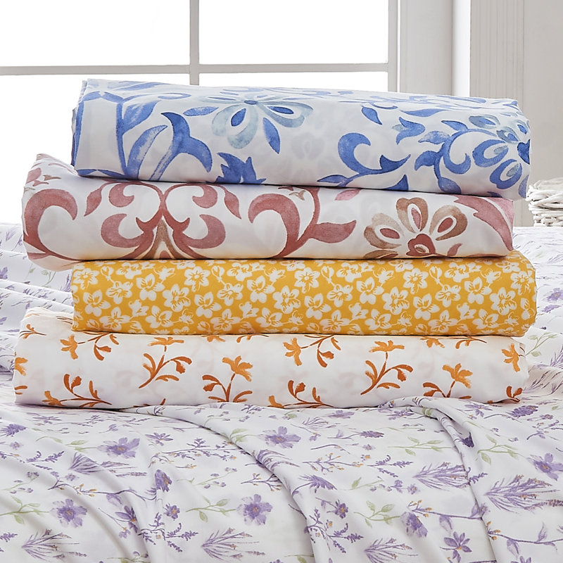 Ensemble de draps en microfibre à imprimé floral, Ensemble de draps pour très grand lit avec 2 taie, Floral coloré - lavande