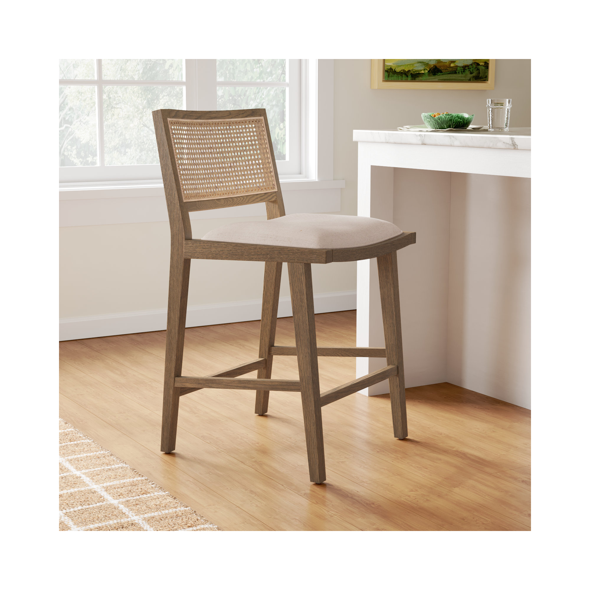 Miraz Cane Stool, Counter Stool (27” Seat Height), White Polyester Blend