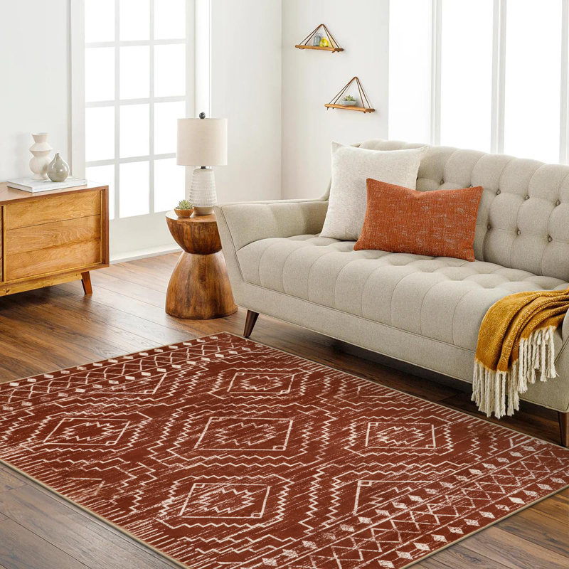 Tribal Geometric Washable Area Rug for Living Room & Bedroom, Non-Slip Moroccan Rug, Rectangle 5' x 7'