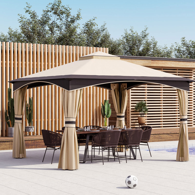 10' X 12' Outdoor Gazebo With Netting And Curtains, Patio Gazebo Canopy With 2-Tier Soft Top Roof And Steel Frame For Lawn, Garden, Backyard And Deck