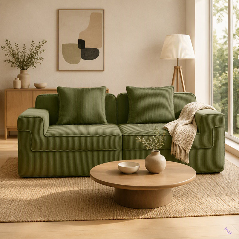 Modular 2 Seat Loveseat Boneless Sofa, Cloud Sectional Couch With Deep Seat, Modern Modular 2-Seat Sofa Couch With Throw Pillows Corduroy Fabric