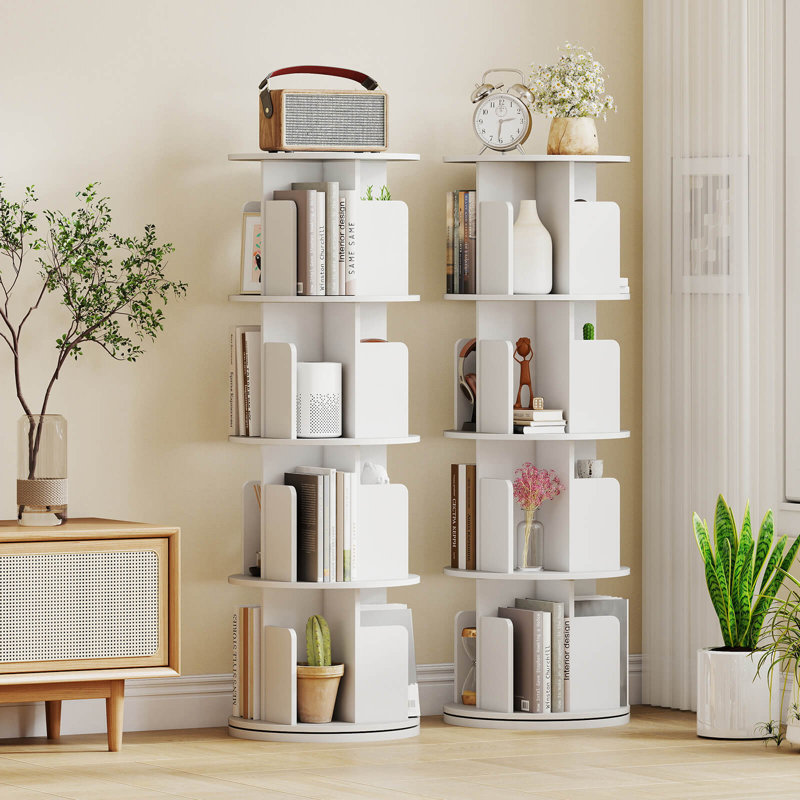 2 PCS 4-Tier Rotating Bookshelf 360° Display Rack Dividers & Anti-falling Baffles White, (4 Shelves) 50.5"H x 15.5"W x 15.5"D