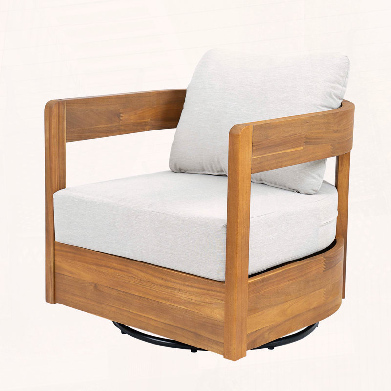 Fauteuil club pivotant avec assise rembourrée Maris, Coussin beige / structure en teck, 2