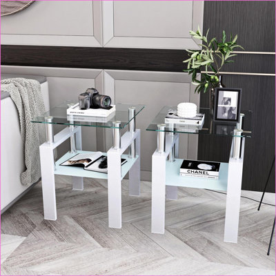 Set of 2 Tempered Glass Square Coffee Tables for Living Room, Easy-Clean Transparent/White Design