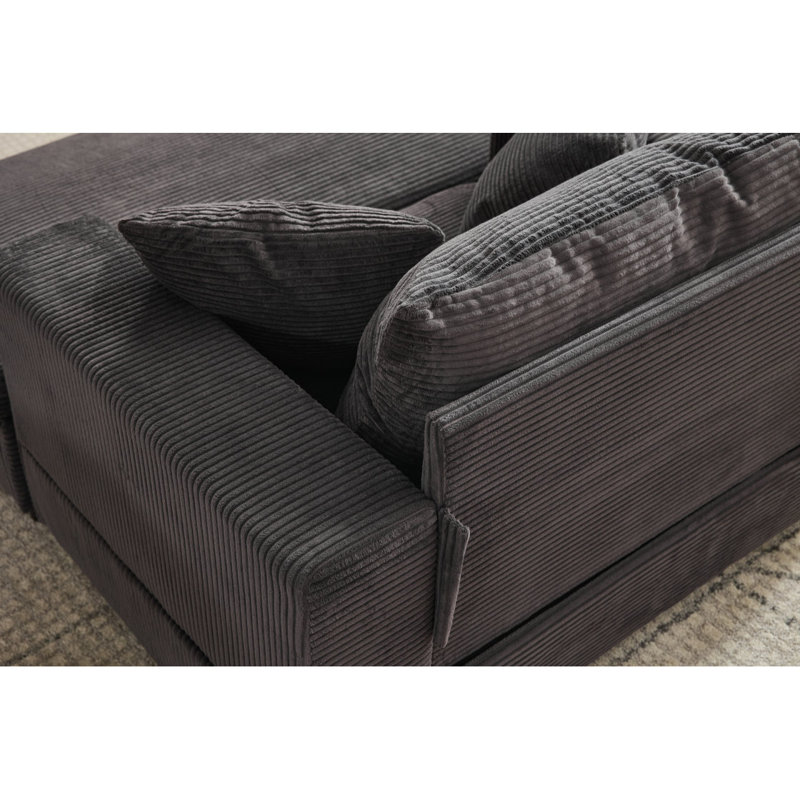 Méridienne rembourrée avec repose-pieds et coussins Corduroy, Repose-pieds sans rangement, Gris