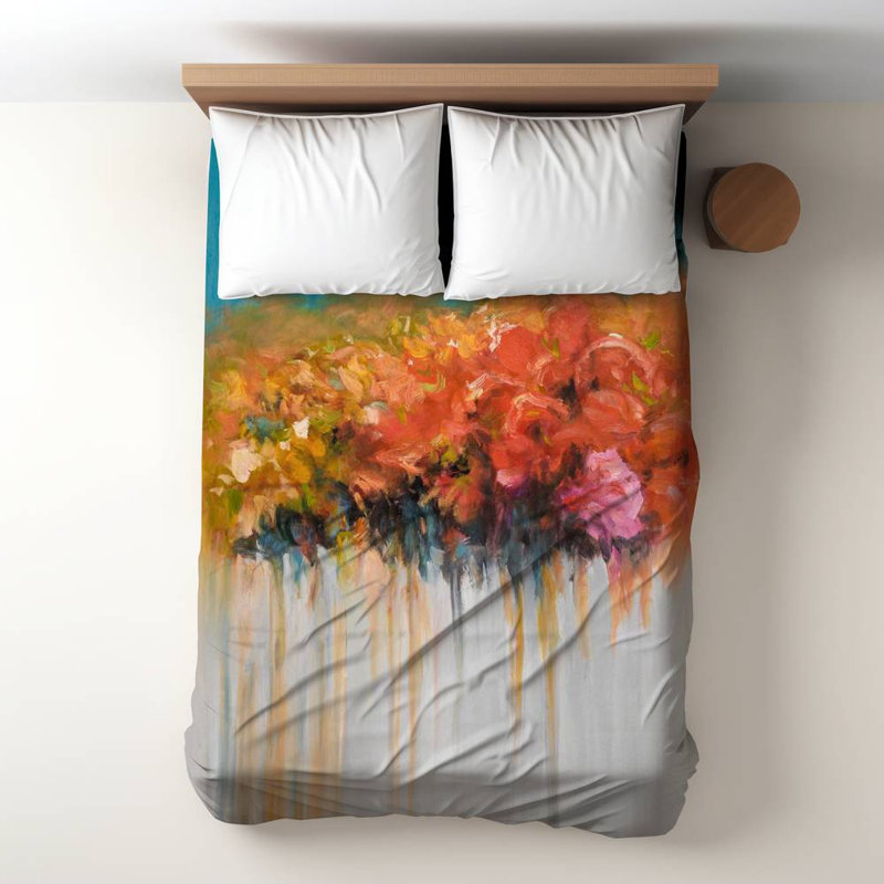 Polyester Sateen Duvet Cover, Twin Duvet, Blue Orange Flowers Bundle