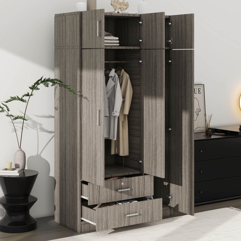 Armoire-penderie à miroir 3 portes avec 2 tiroirs et armoire supérieure, Gris