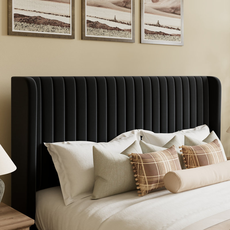 Candler Velvet Upholstered Platform Bed with Wingback Headboard and Wooden Slats, Black, Queen