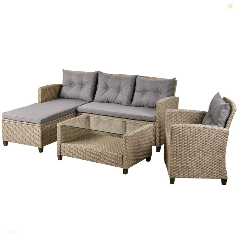 Extérieur, ensembles de meubles de patio, ensemble de conversation 4 pièces, canapé modulaire en osier avec coussins de siège