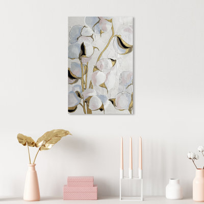Golden Stem Floral, Cotton Flowers Modern White - Painting on Canvas