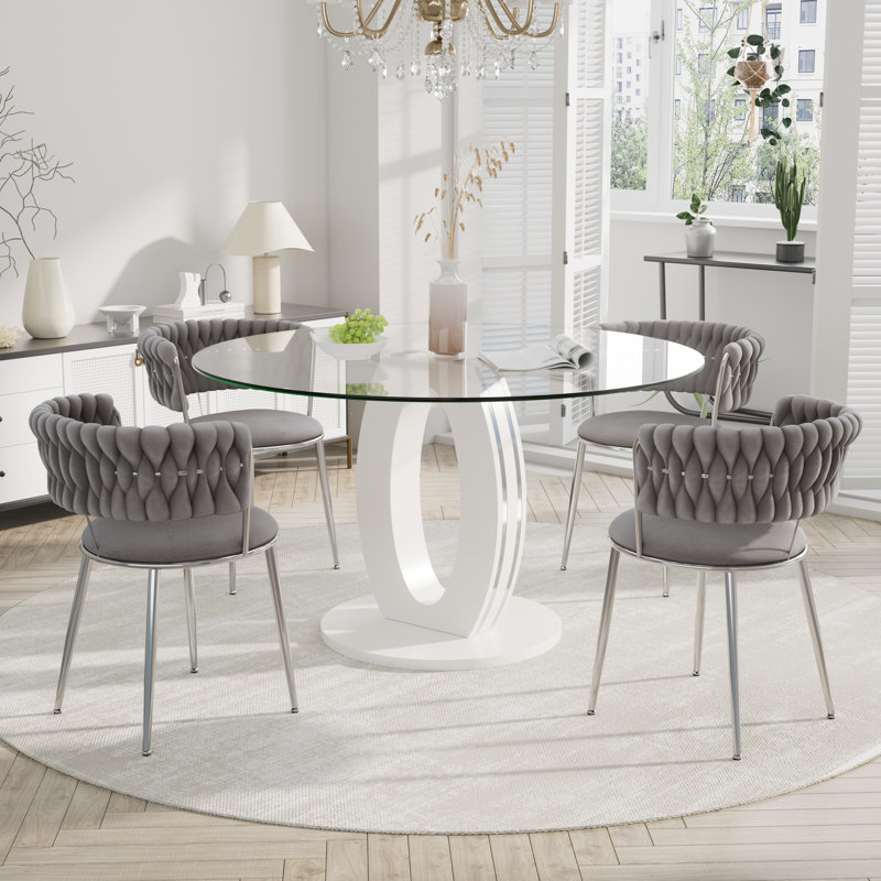 Ensemble de salle à manger à piédestal rond avec chaise de salle à manger en velours ciel, Gris/argent, Blanc