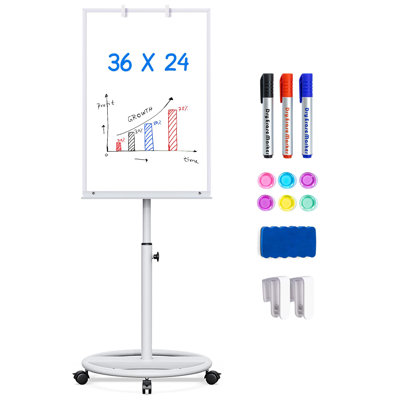 Tableau blanc magnétique autoportant 36 po x 24 po avec crochets pour tableau à feuilles, réglable en hauteur