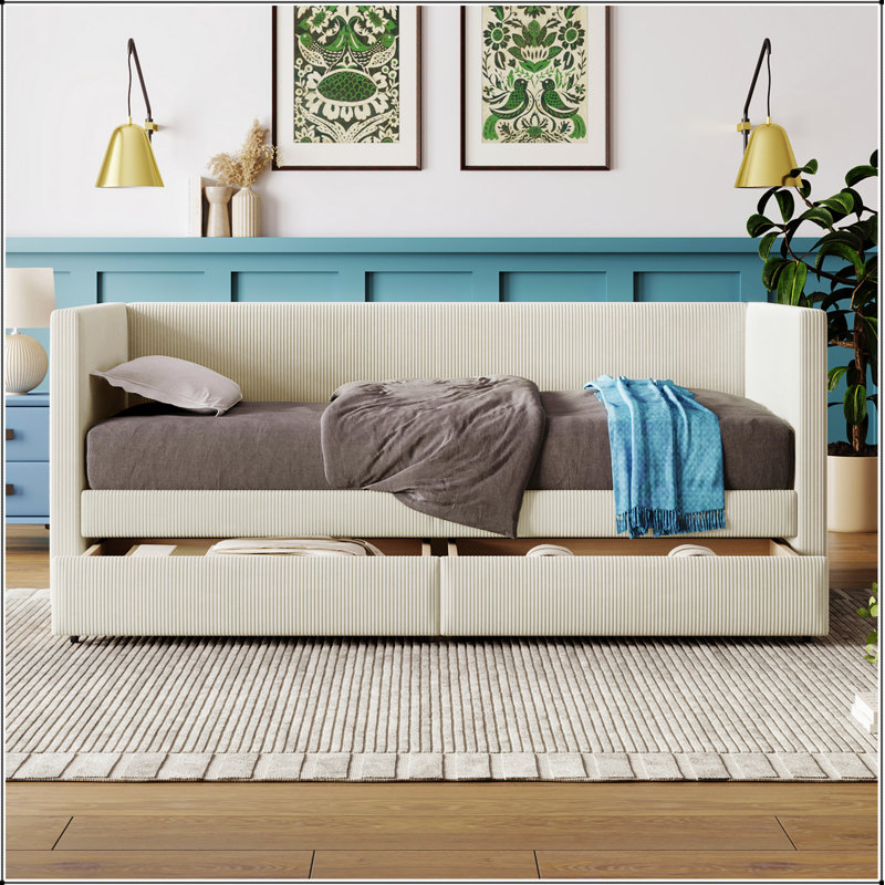Corduroy Daybed with Two Drawers and Wood Slat The perfect combination of classic and modern, enhance the bedroom style