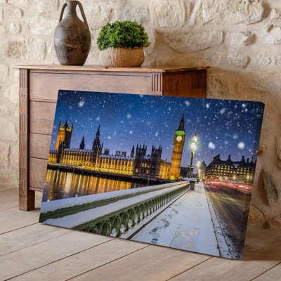 Canvas A Serene Winter Night In London Featuring The Iconic Big Wall Art Ben And The Houses Of Parliament Blanketed In Soft Fresh Canvas Wall Art