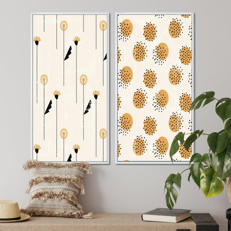 «Retro Vintage Boho Doodles and Geometrics I», ensemble de 2 peintures, H 20 po x l 24 po x P 1 po, Toile avec cadre blanc