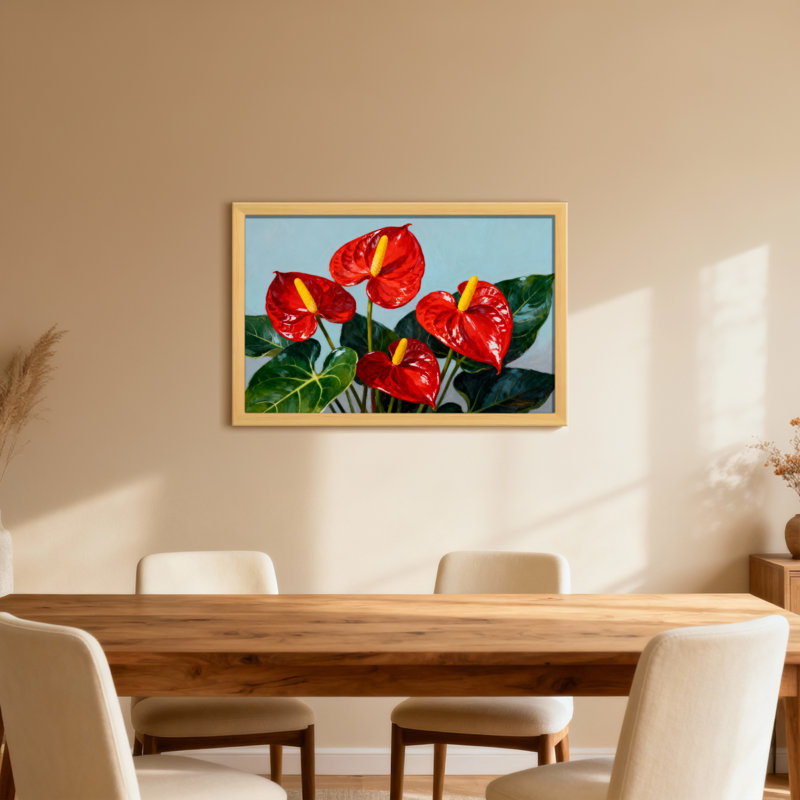 Plantes et fleurs fleurs d'anthurium rouges avec feuilles vertes, H 16 po x l 24 po, Toile tendue, Ne s’applique pas