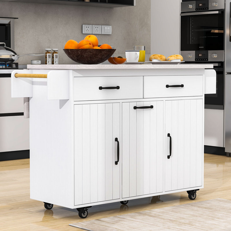 Okeima Kitchen Island Cart with Drop Leaf, Spice and Towel Racks, Trash Can Storage and Rolling Wheels, Cream/White