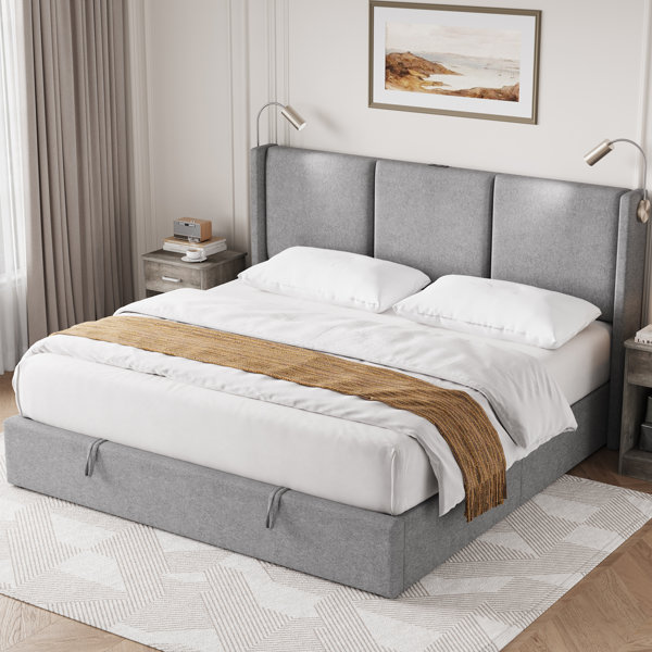 Queen Size Linen Upholstered Platform Bed With Storage – Flip-Up Headboard, Side Racks, Drawers & Trundle