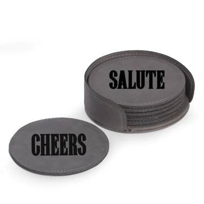 Leather Round 6 Piece Coaster Set With Holder