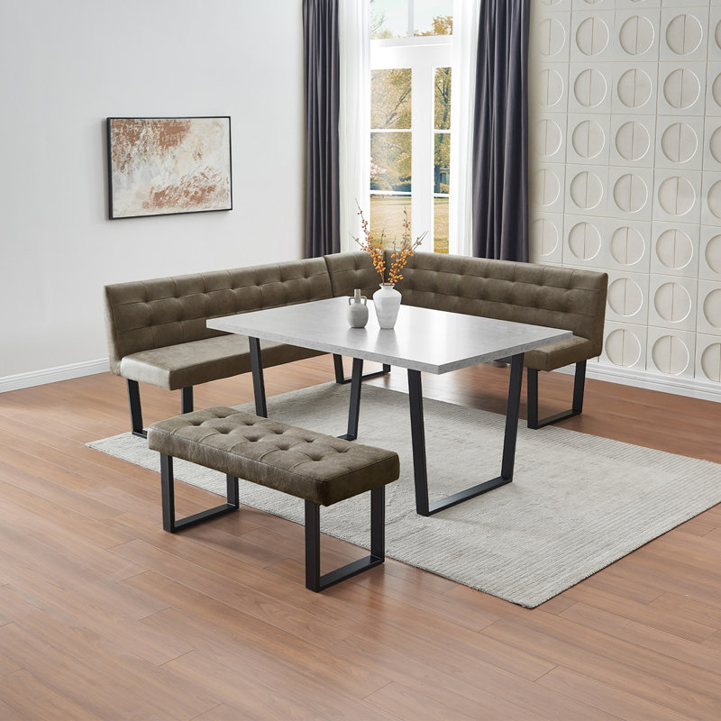 Modern Brown 3-Piece Breakfast Nook Set, Dining Table with Metal Legs，L-Shaped PU Corner Bench & Upholstered Bench 