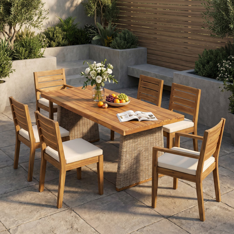 Ensemble de salle à manger de patio moderne en bois d'acacia et en osier PE avec accoudoirs et chaises d'appoint, coussins hydrofuges