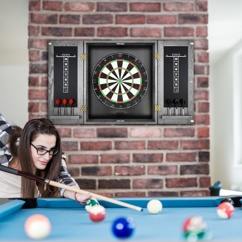 Silver Mist Pine Dartboard Cabinet Set with Steel-Tipped Darts