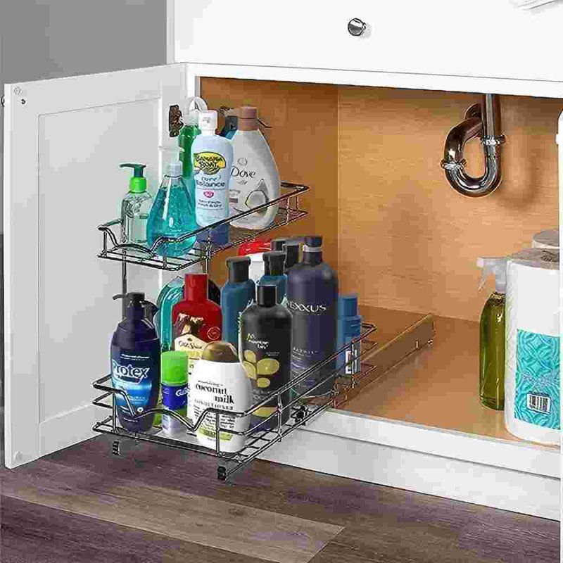 2 Tier Under Sink Organizers And Storage - Slide Out Cabinet Organizer With Sliding Drawers For Inside Cabinets-  11"W X 21"D X 15"H, Chrome.