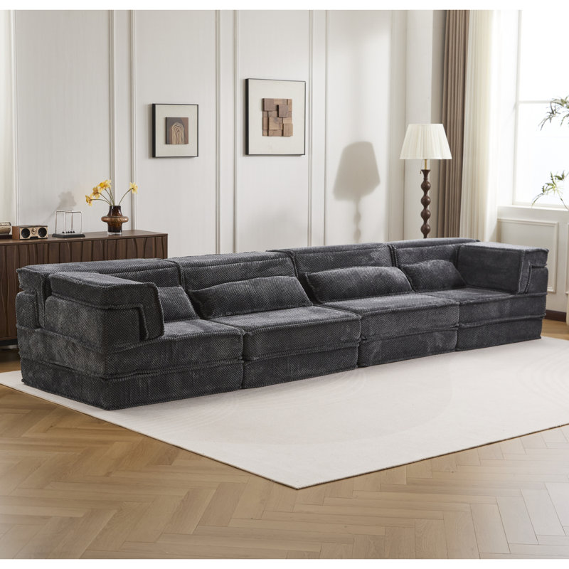 Compression Mahjong Sofa,Convertible Floor Sofa Bed,DIY Boneless Modular Sectional Sofa,No Assembly Required,Circle Fleece Fabric,Oversized 4 Seater With 4 Pillows,Dark-Grey