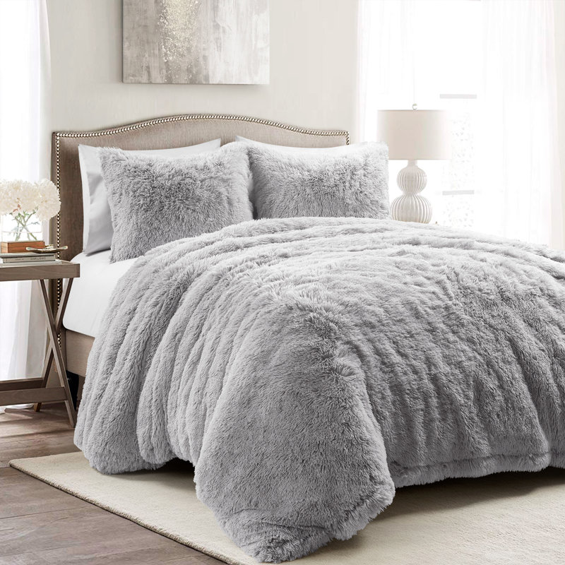 Emma Faux Fur Microfiber 3 Piece Duvet Cover Set, Light Gray, Queen Duvet Cover