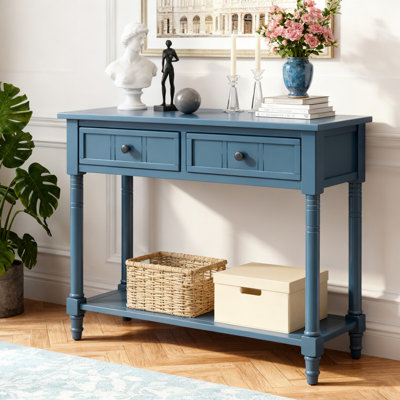 Table console 35,5 po à 2 tiroirs, série Daisy avec détails en bois sculpté et tablette de présentation