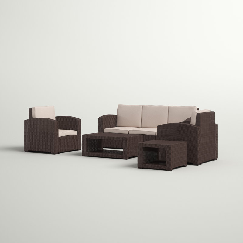 Alderman 5 Piece Outdoor Faux Rattan Chair, Sofa and Table Set in Chocolate Brown