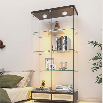 Vitrine moderne en verre avec grands tiroirs, armoire antique à assemblage rapide avec lumières DEL, bibliothèque en verre trempé, armoire de rangement à 2 portes avec 4 tablettes pour le salon et la chambre à coucher, noir et naturel