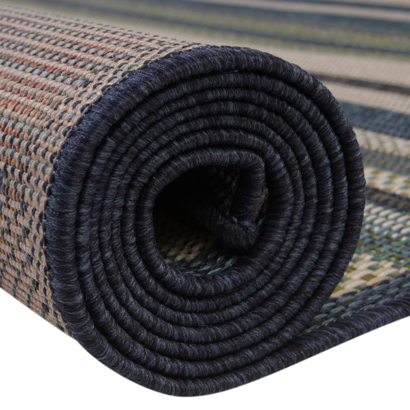 Tapis rayé vert / bleu intérieur / extérieur Tavon, Tapis de couloir 2 pi x 7 pi 10 po
